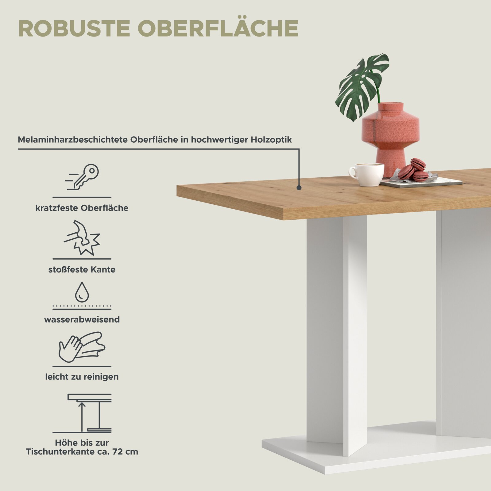 Robuster Esstisch mit melaminharzbeschichteter Tischplatte in Holzoptik und weißem Mittelfuß, gezeigt in seitlicher Perspektive von schräg oben; Oberfläche kratzfest, wasserabweisend und leicht zu reinigen.