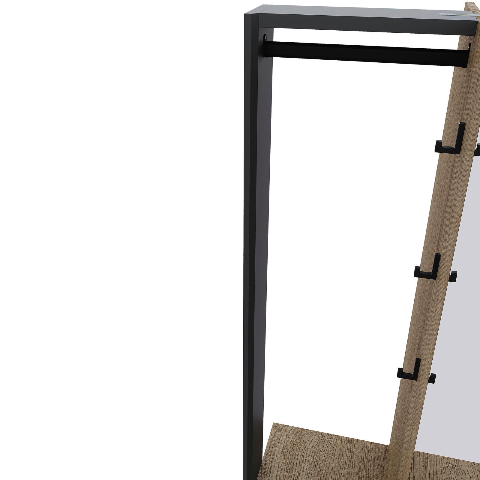 Detailansicht einer Kompaktgarderobe mit schwarzem Metallrahmen und Holzelementen, seitliche Perspektive