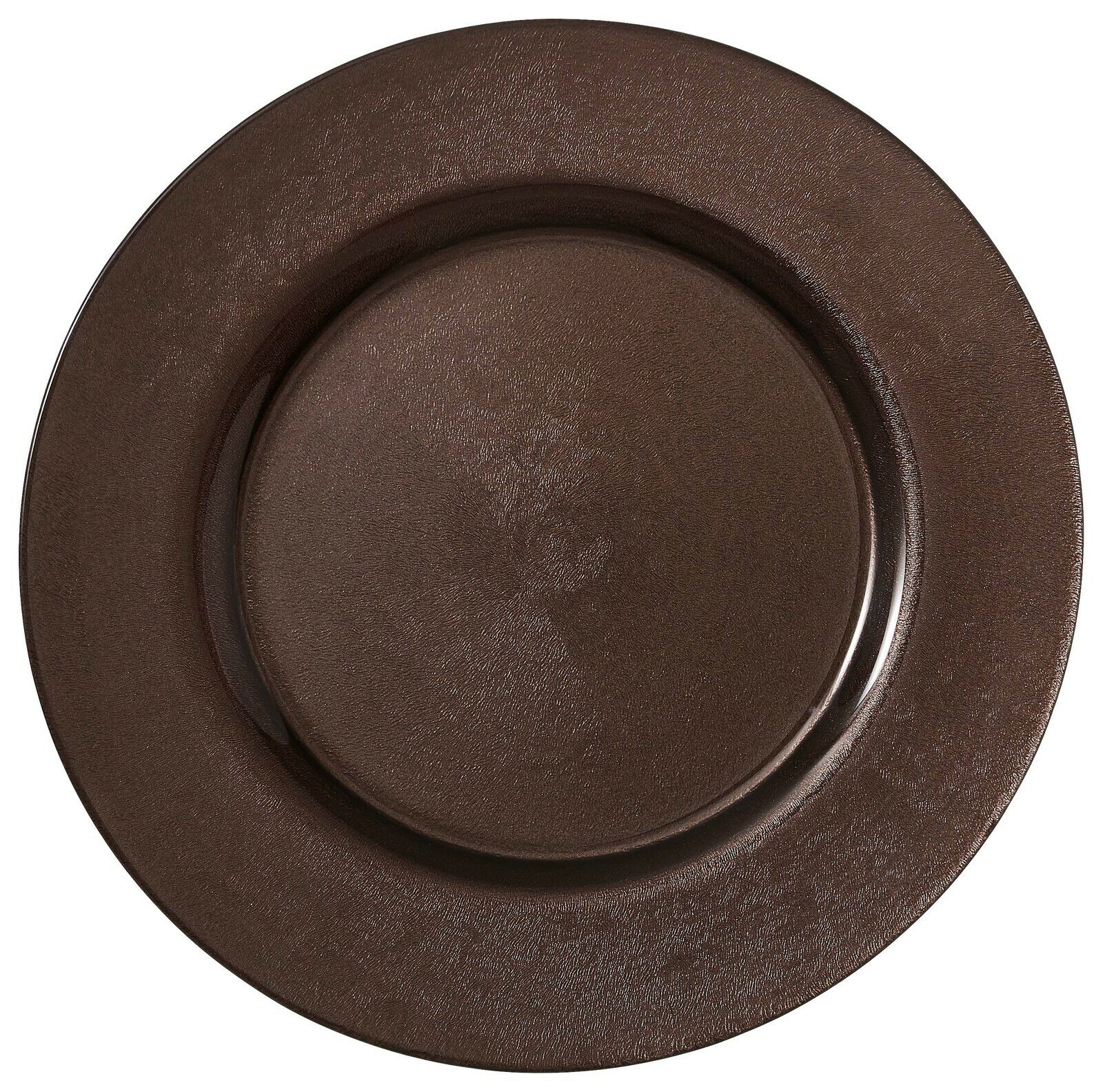 Draufsicht auf einen dunkelbraunen Platzteller mit strukturierter Oberfläche.