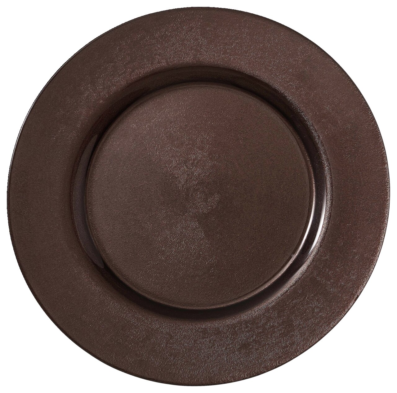 Draufsicht auf einen dunkelbraunen Platzteller mit strukturierter Oberfläche.