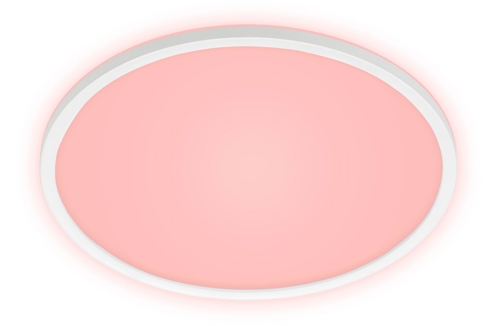 Runde LED-Deckenleuchte mit weißem Rahmen und rosa Licht, Ansicht von unten