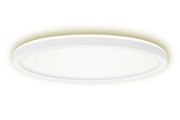 Runde LED-Deckenleuchte mit weißem Rahmen, seitliche Perspektive