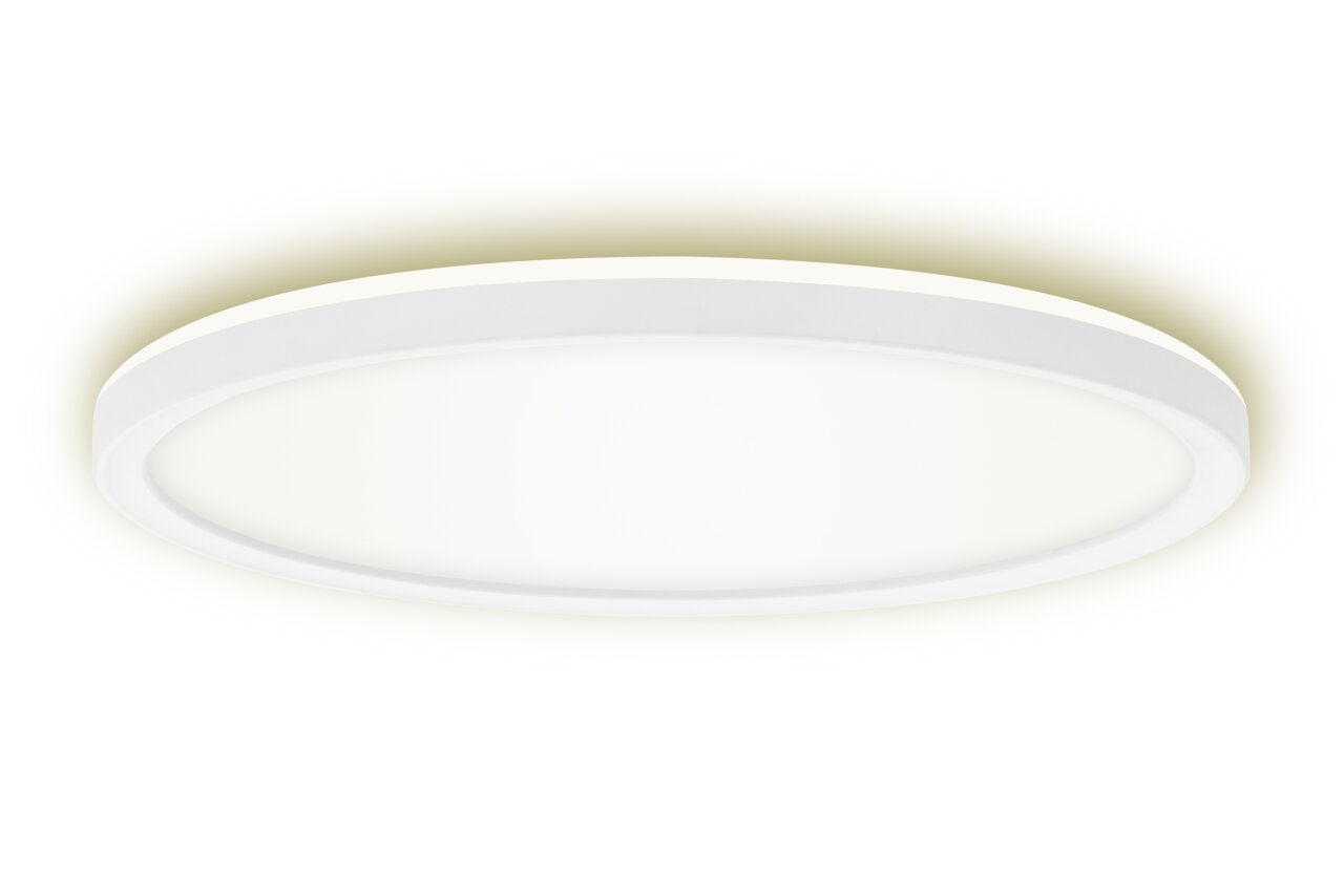 Runde LED-Deckenleuchte mit weißem Rahmen, seitliche Perspektive