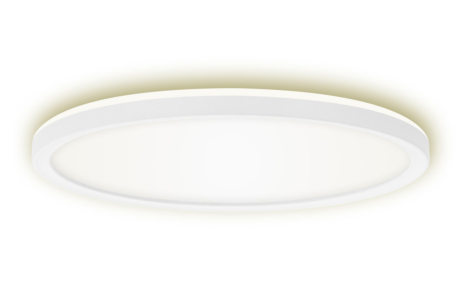 Runde LED-Deckenleuchte mit weißem Rahmen, seitliche Perspektive