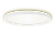 Runde LED-Deckenleuchte mit weißem Rahmen, seitliche Perspektive