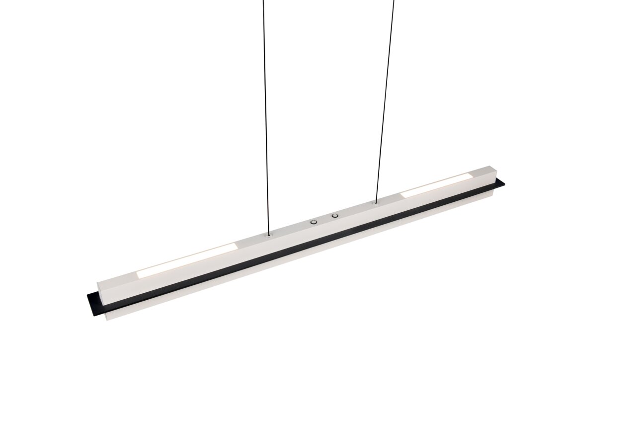 Moderne LED-Hängeleuchte in rechteckiger Form, von oben betrachtet, mit zwei Aufhängungen.