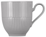 Grauer Becher mit Henkel, geriffelte Oberfläche, Seitenansicht