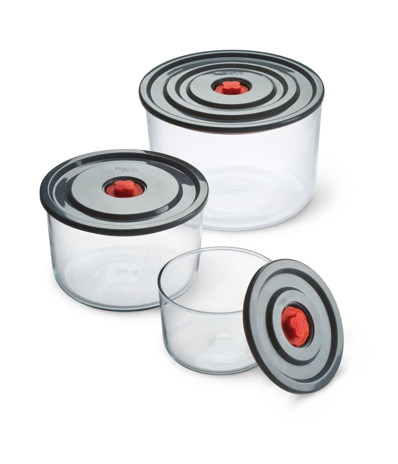 Dreiteiliges Vorratsschalen-Set aus transparentem Material mit schwarzen Deckeln und rotem Verschluss, aus der Vogelperspektive fotografiert.