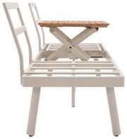 Seitenansicht einer Lounge-Kombination mit zwei Stühlen und einem höhenverstellbaren Tisch in Holzoptik.