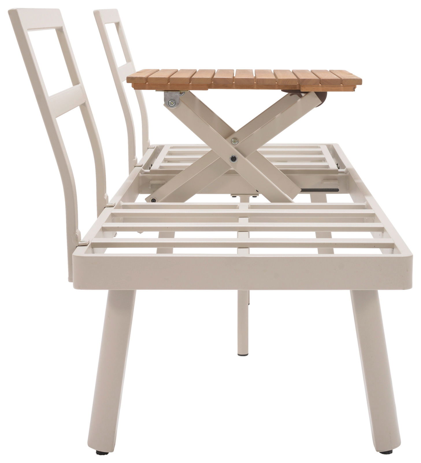 Seitenansicht einer Lounge-Kombination mit zwei Stühlen und einem höhenverstellbaren Tisch in Holzoptik.