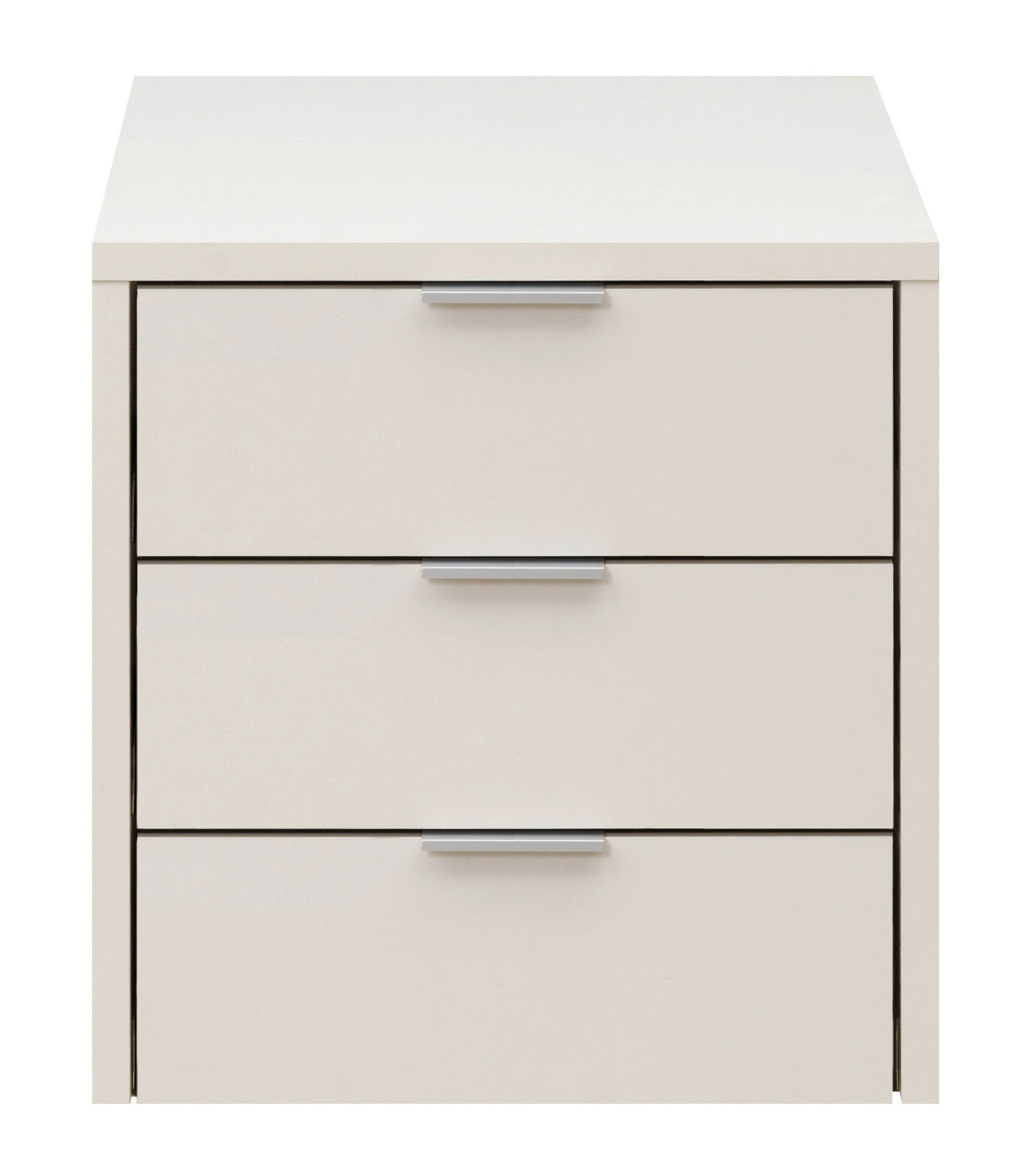 Weißer Schubladenkorpus mit drei Schubladen, frontale Ansicht