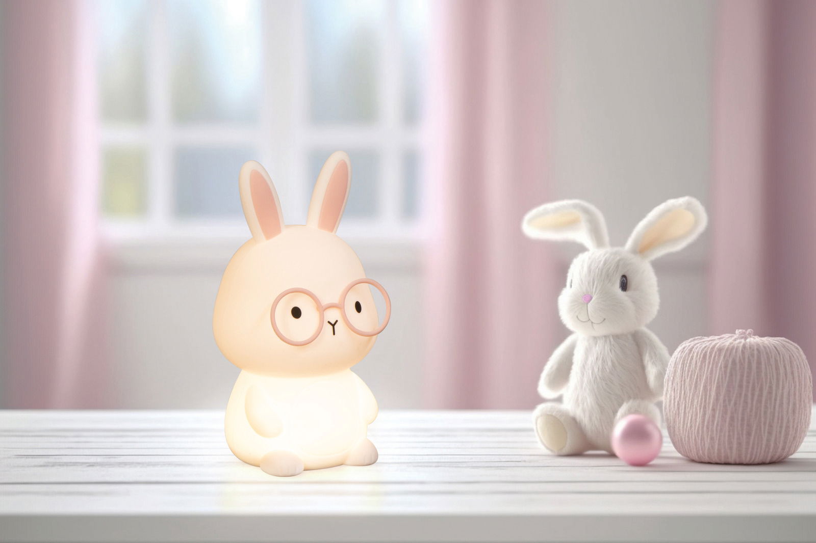 FHL easy Akku-Nachtlicht Bunny JOSIE Niedliches Akku-Nachtlicht in Form eines Hasen mit Brille, auf einem Tisch in einem Kinderzimmer platziert, seitliche Perspektive.