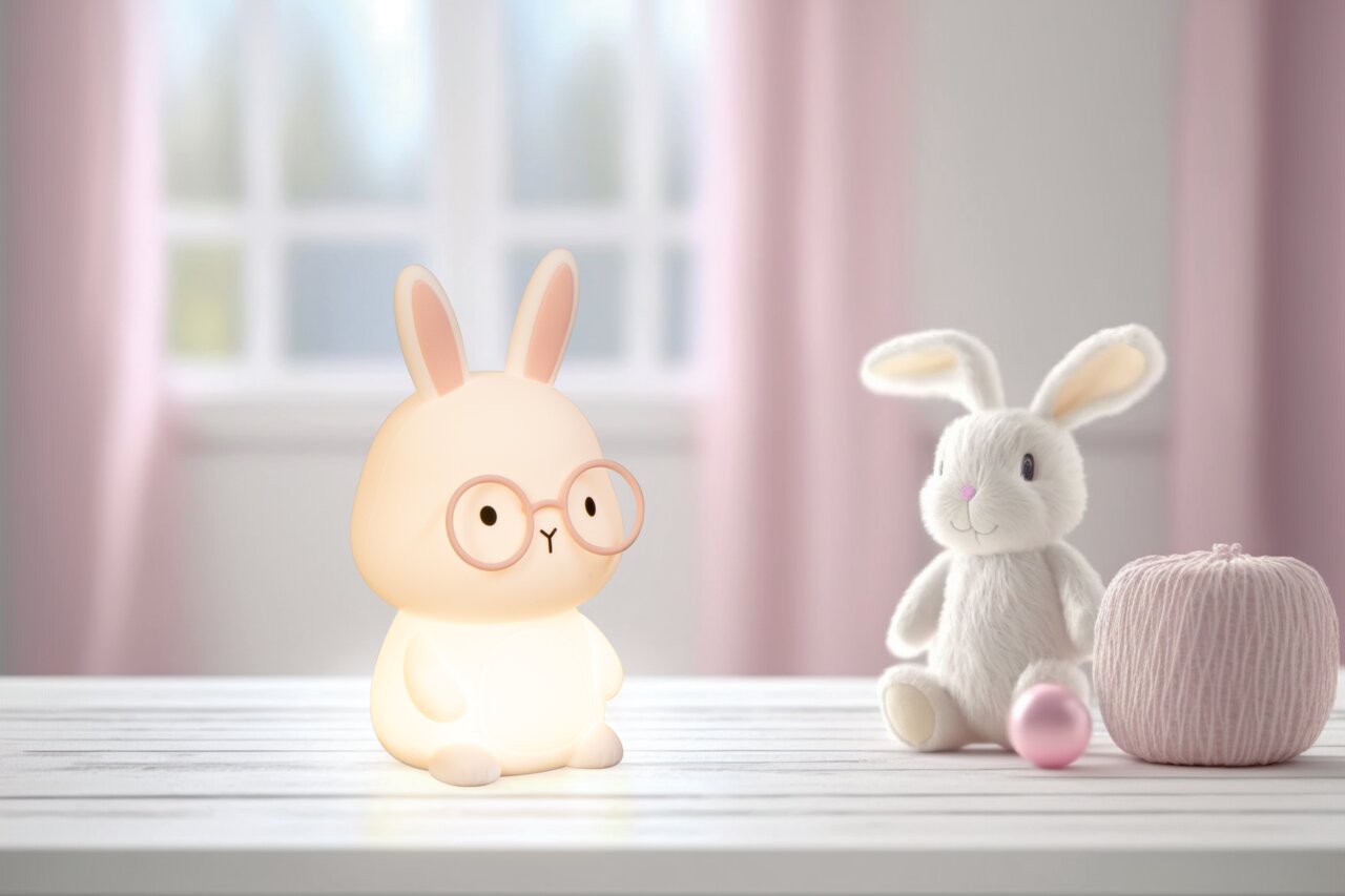 Niedliches Akku-Nachtlicht in Form eines Hasen mit Brille, auf einem Tisch in einem Kinderzimmer platziert, seitliche Perspektive.