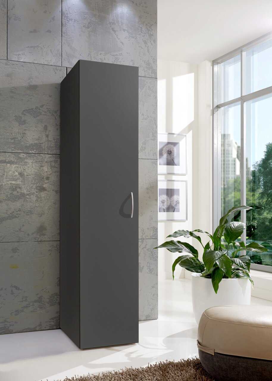 Moderner, schmaler Kleiderschrank in dunklem Grau, seitliche Perspektive, in einem hellen Raum mit großen Fenstern und Pflanzen.