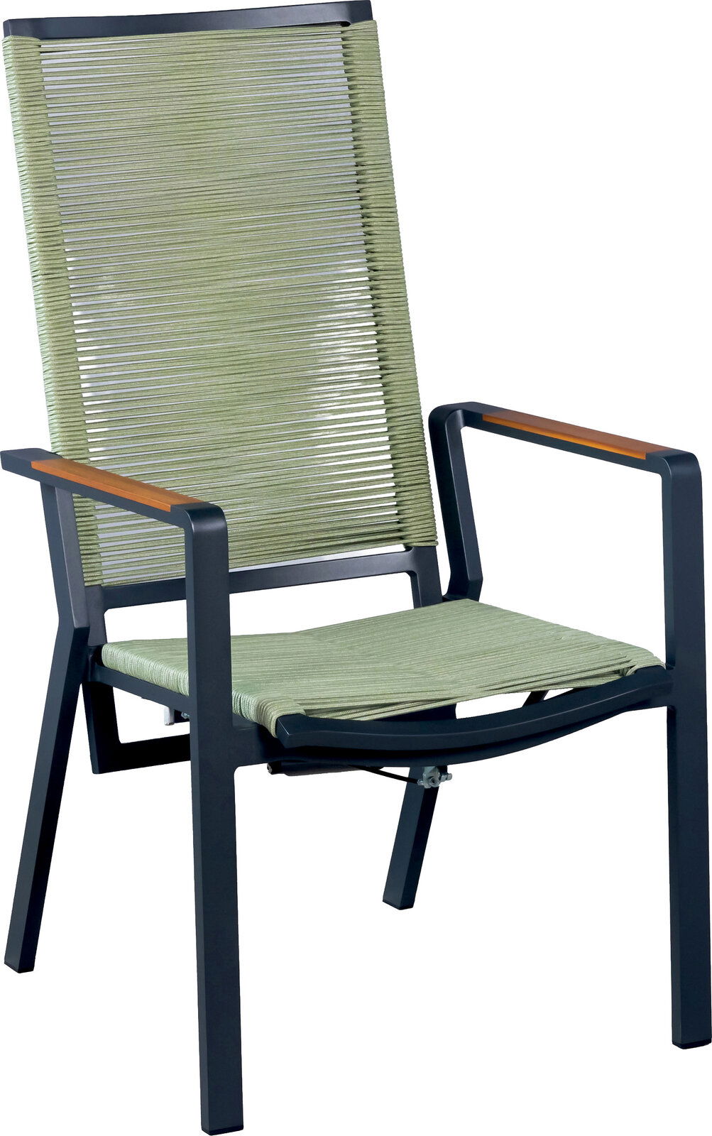 Moderner Gartenstuhl mit dunkelgrauem Metallgestell, grüner Schnur-/Textilbespannung an Sitz und hoher Rückenlehne sowie Holz-Armlehnenauflagen, in schräger Frontansicht