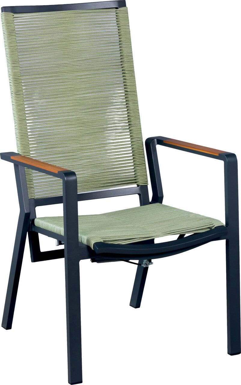 Amatio Select Relaxsessel LA SPEZIA Moderner Gartenstuhl mit dunkelgrauem Metallgestell, grüner Schnur-/Textilbespannung an Sitz und hoher Rückenlehne sowie Holz-Armlehnenauflagen, in schräger Frontansicht