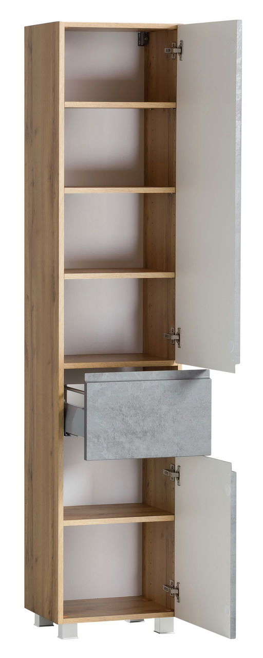 Hochschrank aus Holz mit mehreren Regalböden und einer Schublade, Türen geöffnet, seitliche Perspektive