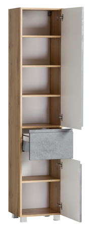 Hochschrank aus Holz mit mehreren Regalböden und einer Schublade, Türen geöffnet, seitliche Perspektive