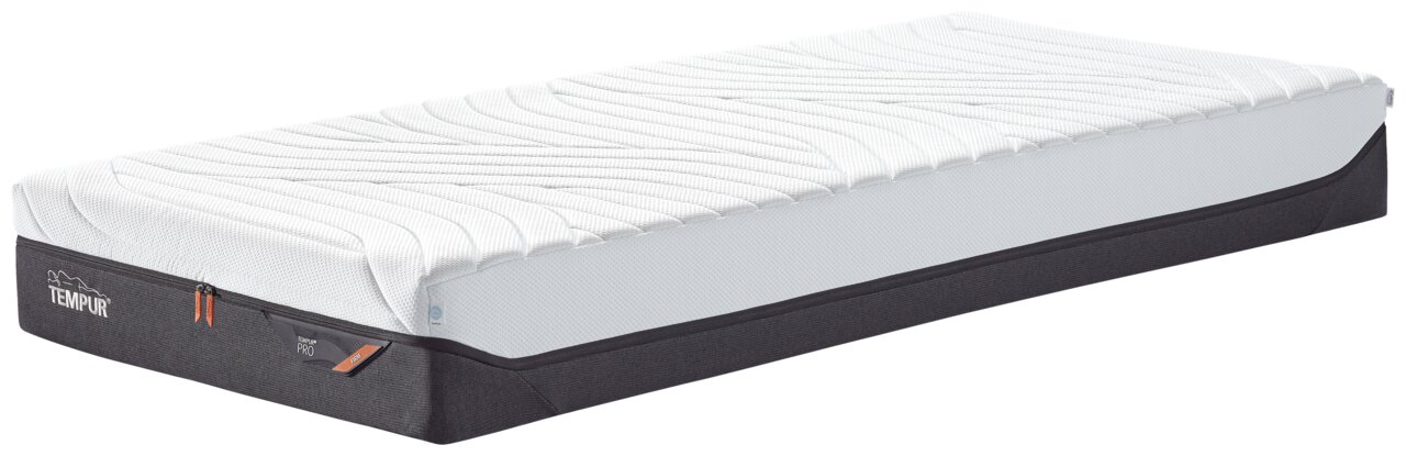 Seitliche Ansicht einer Viscomatratze 100x200 firm mit weißem Bezug und schwarzem Rand.