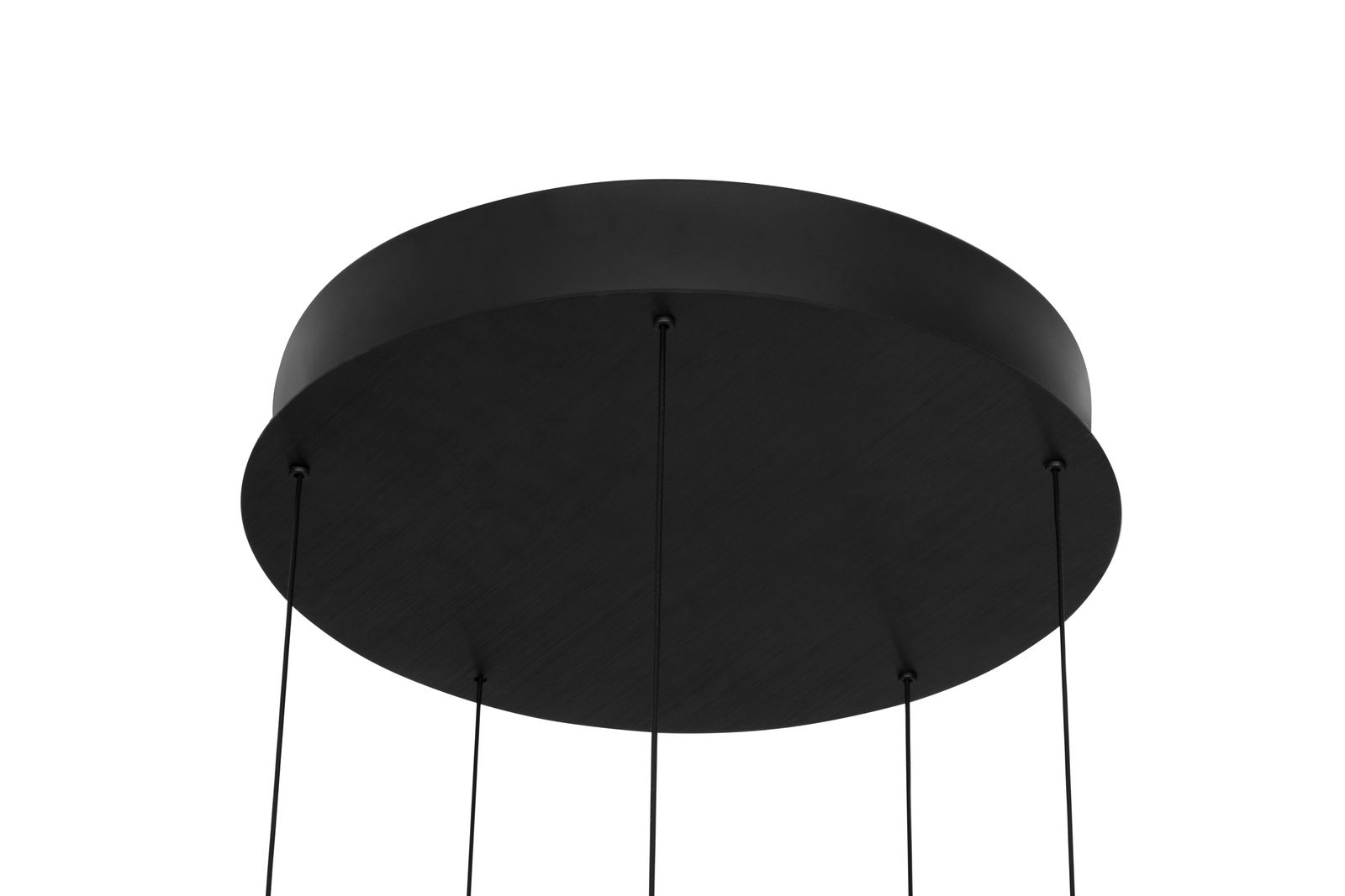 Schwarze LED-Hängeleuchte von unten betrachtet, mit mehreren Kabeln, die von einer runden Deckenhalterung herabhängen.