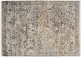 Designer Teppich mit komplexem, orientalischem Muster in Grau- und Beigetönen, Draufsicht