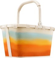 Reisenthel-boodschappenmand van mesh met kleurverloop in blauw, geel en oranje, crèmekleurig frame en inklapbare handgreep, vooraanzicht licht van bovenaf
