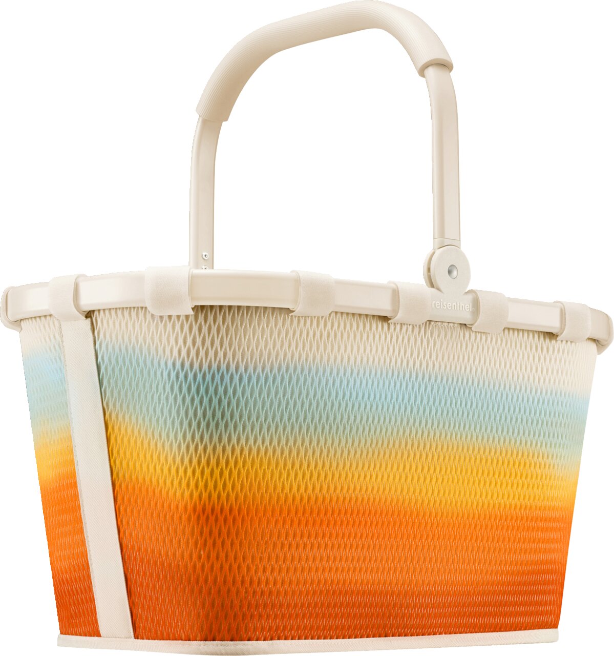Reisenthel-boodschappenmand van mesh met kleurverloop in blauw, geel en oranje, crèmekleurig frame en inklapbare handgreep, vooraanzicht licht van bovenaf