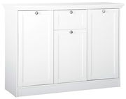 Weiße Kommode mit drei Türen und einer Schublade, frontal abgebildet