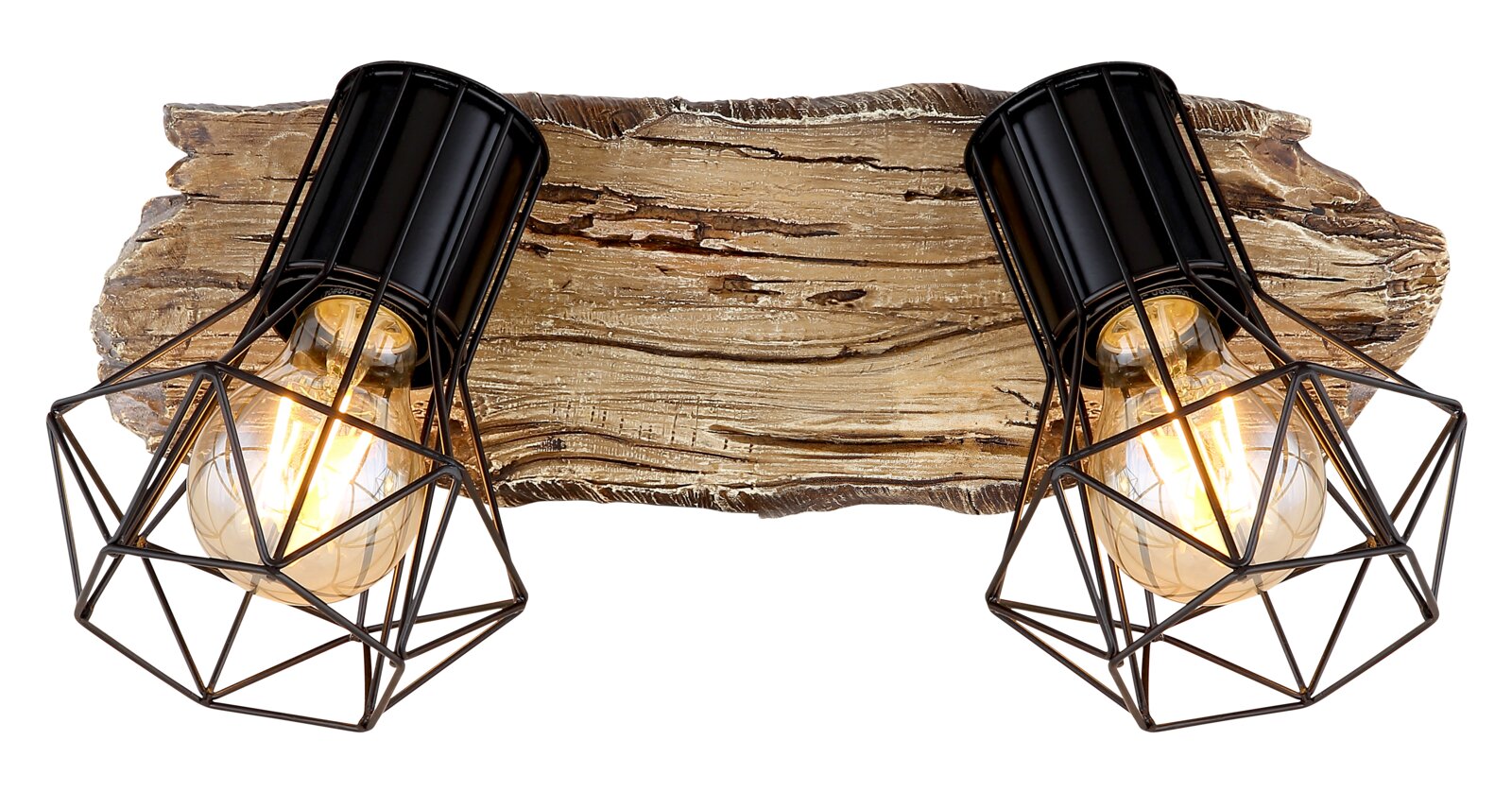 Zweiflammiger Strahler mit rustikalem Holzdesign und geometrischen Metallkäfigen, seitliche Perspektive