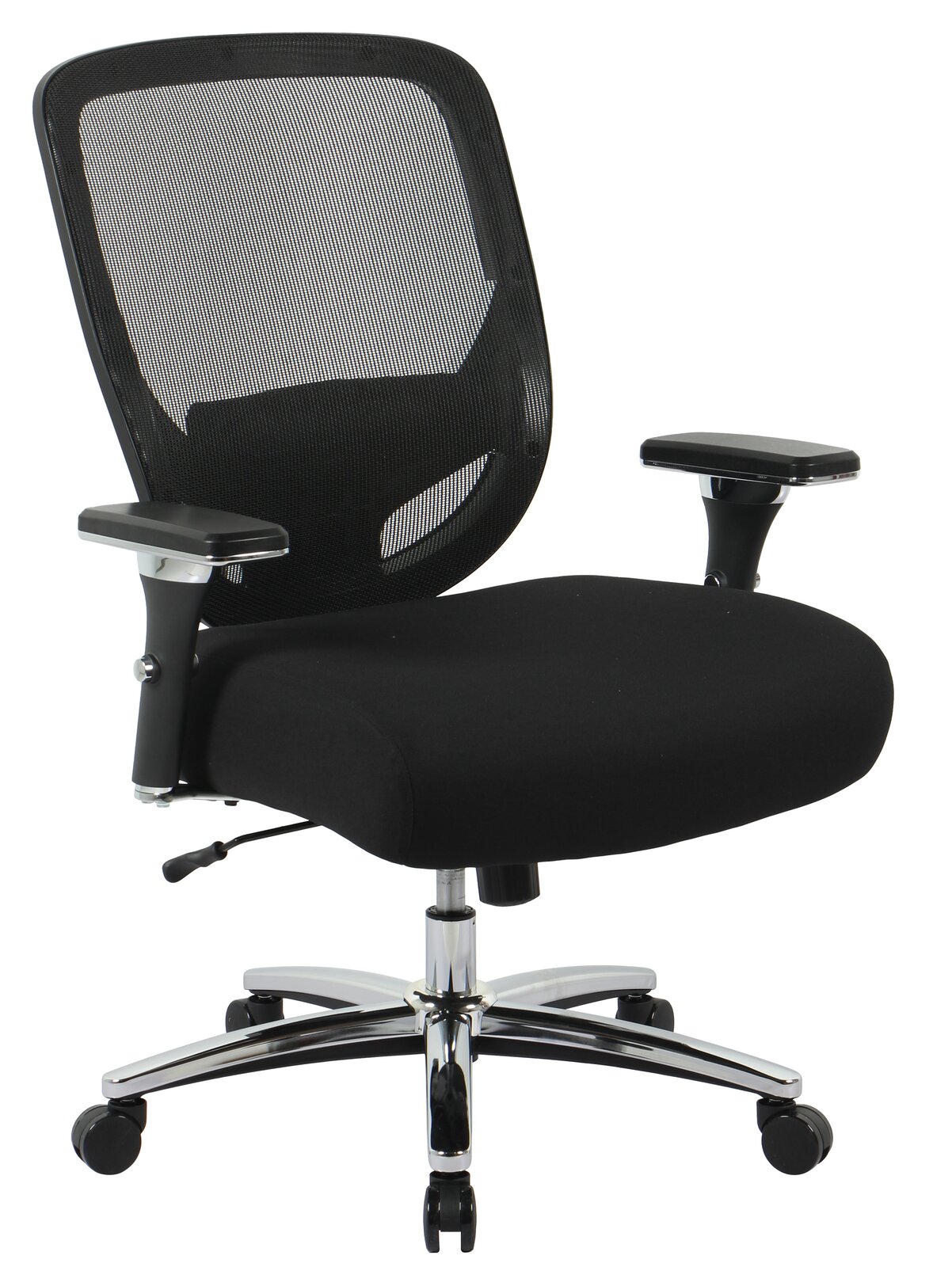 Schwarzer Chefsessel mit Netzrückenlehne und verstellbaren Armlehnen, seitliche Perspektive