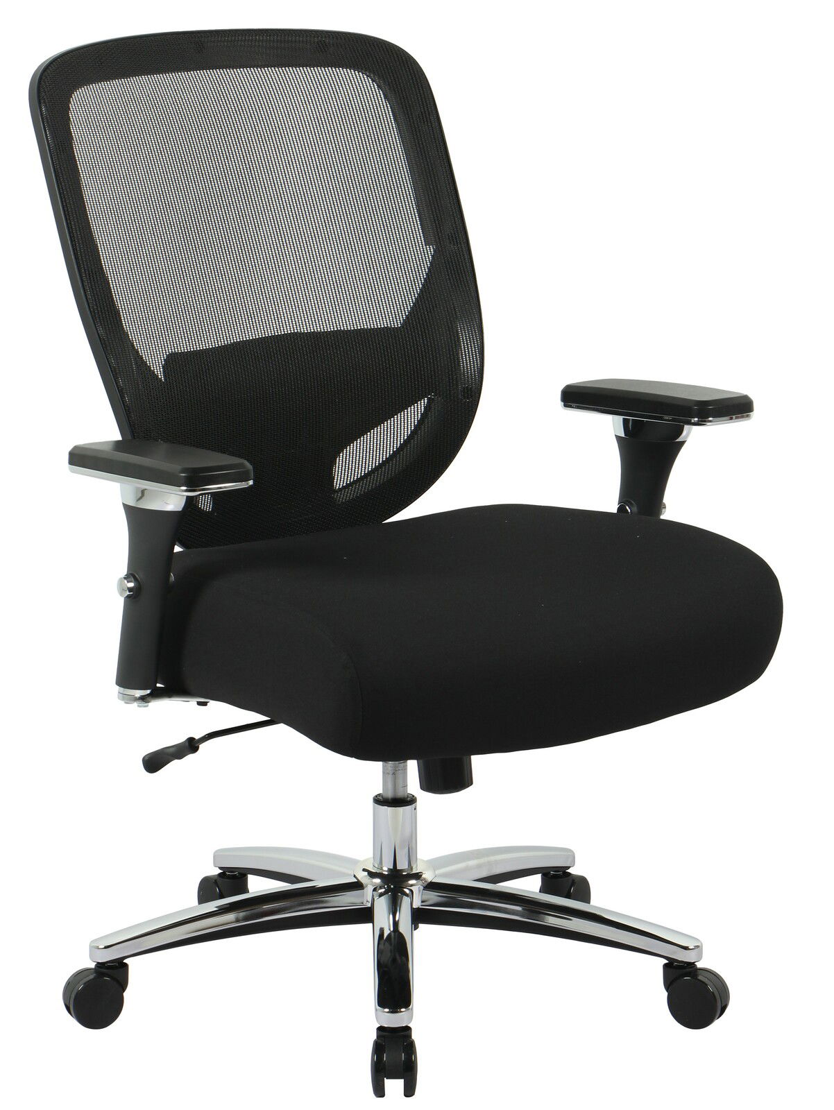 Schwarzer Chefsessel mit Netzrückenlehne und verstellbaren Armlehnen, seitliche Perspektive