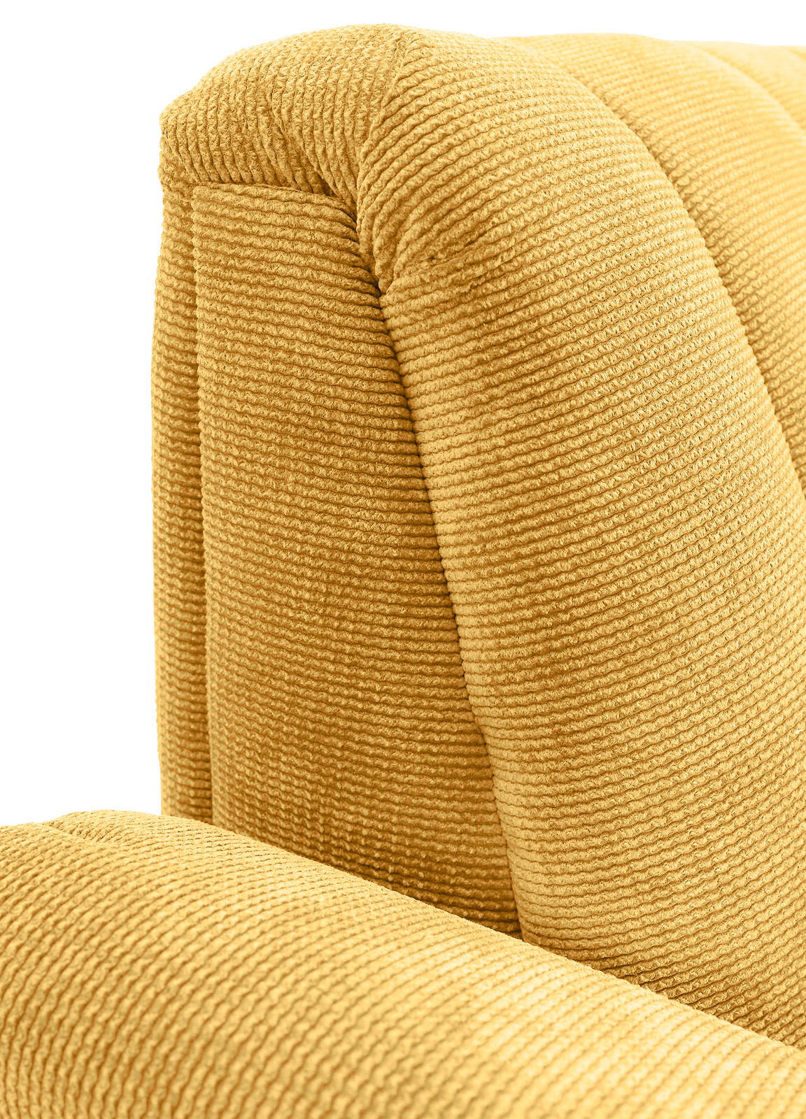 Novel 2er-Sitzbank LAILA Nahaufnahme einer gelben, strukturierten Polsterung einer 2er-Sitzbank, seitliche Perspektive