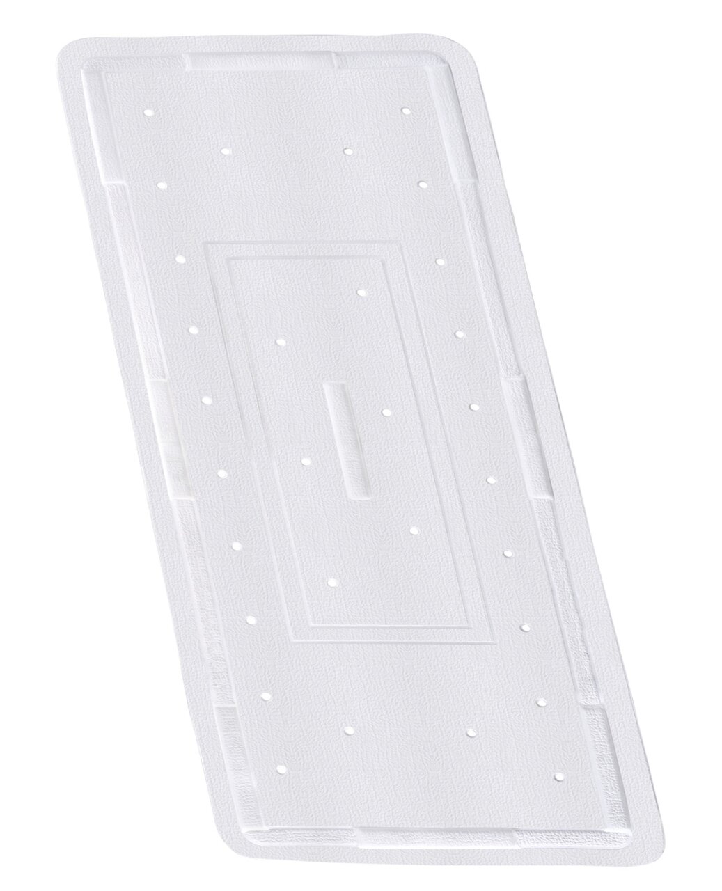 Rechteckige, weiße Wanneneinlage mit rutschfester Oberfläche und kleinen Löchern, Draufsicht