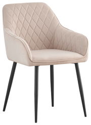 Beiger Armlehnstuhl mit gestepptem Muster und schwarzen Beinen, seitliche Perspektive