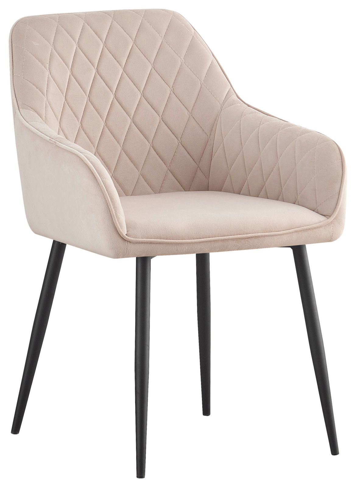 Beiger Armlehnstuhl mit gestepptem Muster und schwarzen Beinen, seitliche Perspektive