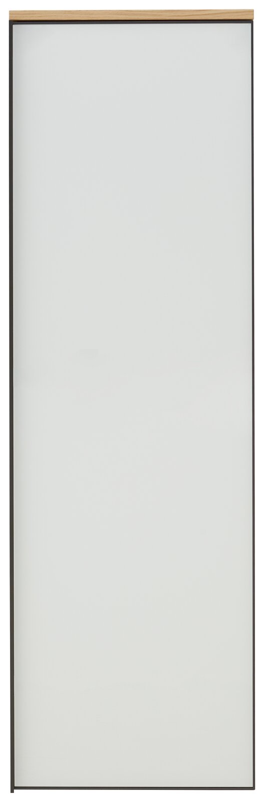 Frontansicht eines weißen Hängegarderobenschranks mit Holzleiste oben.