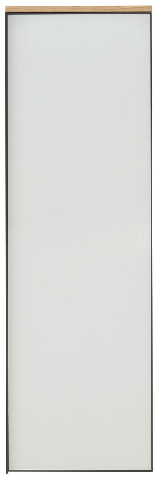 Frontansicht eines weißen Hängegarderobenschranks mit Holzleiste oben.