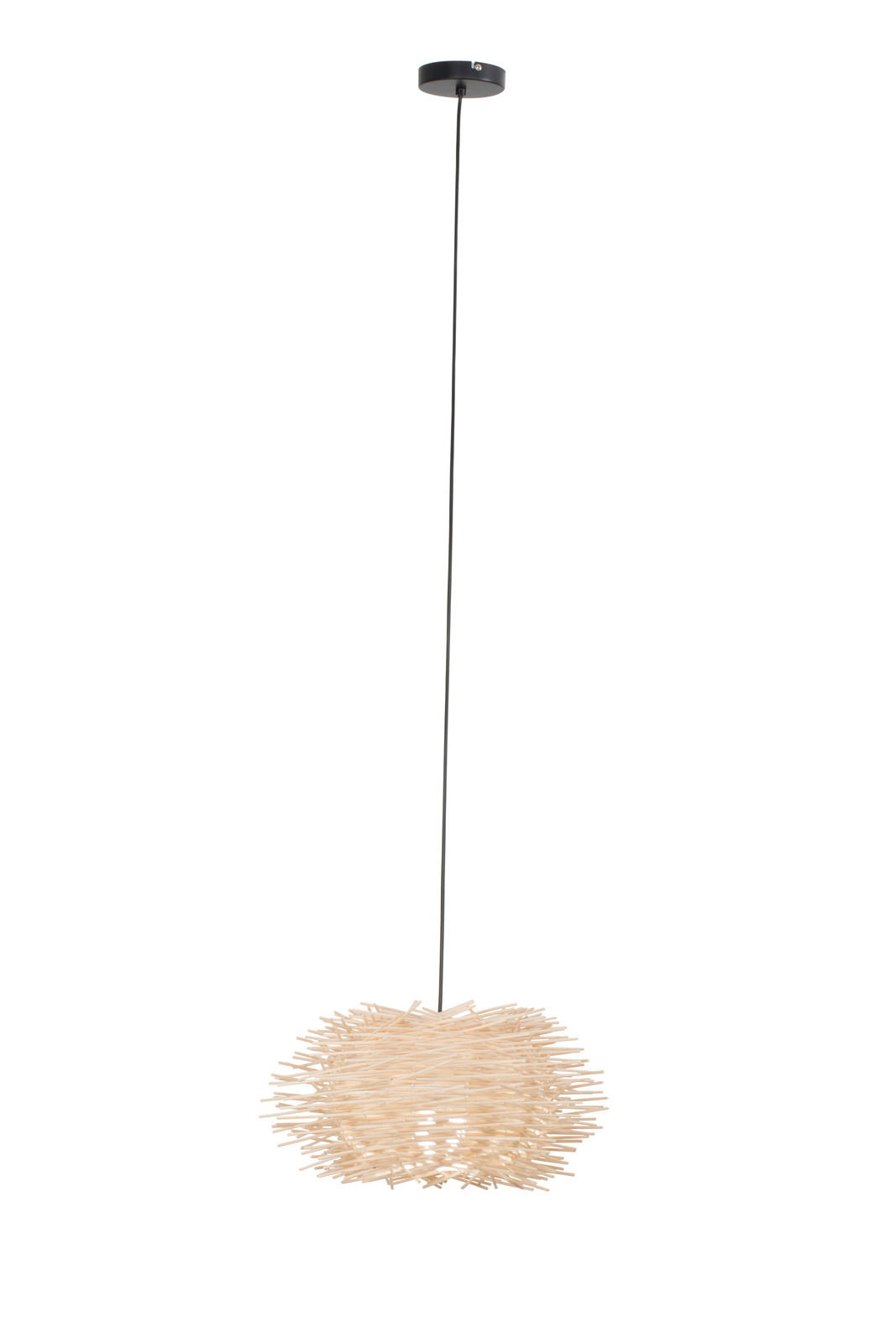 Hängeleuchte mit einem einzigartigen, nestartigen Design aus Holzstäben, von der Seite betrachtet.