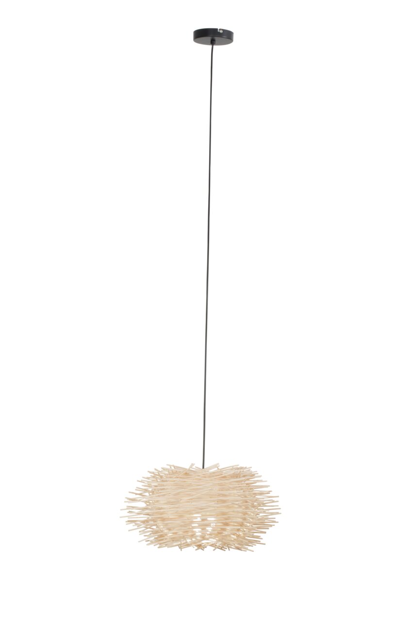 Hängeleuchte mit einem einzigartigen, nestartigen Design aus Holzstäben, von der Seite betrachtet.