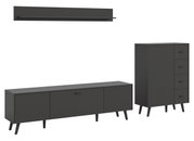 Wohnkombination in dunklem Design, bestehend aus einem hohen Schrank mit Schubladen, einem langen Sideboard mit Türen und einem Wandregal. Perspektive: Frontalansicht.