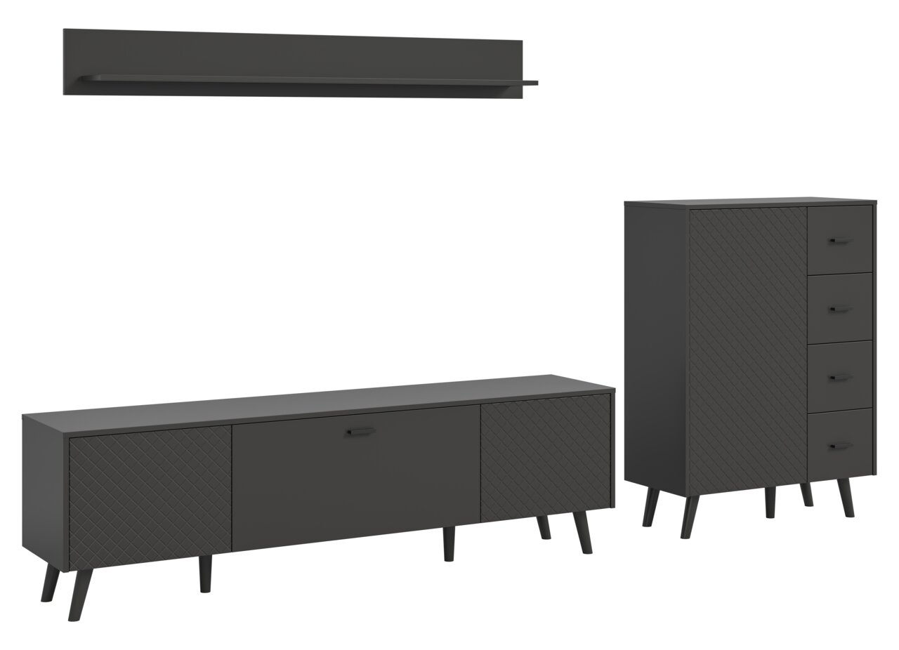 Wohnkombination in dunklem Design, bestehend aus einem hohen Schrank mit Schubladen, einem langen Sideboard mit Türen und einem Wandregal. Perspektive: Frontalansicht.