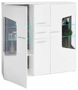 Weiße Highboard-Vitrine mit Glastüren und Regalböden, seitliche Perspektive