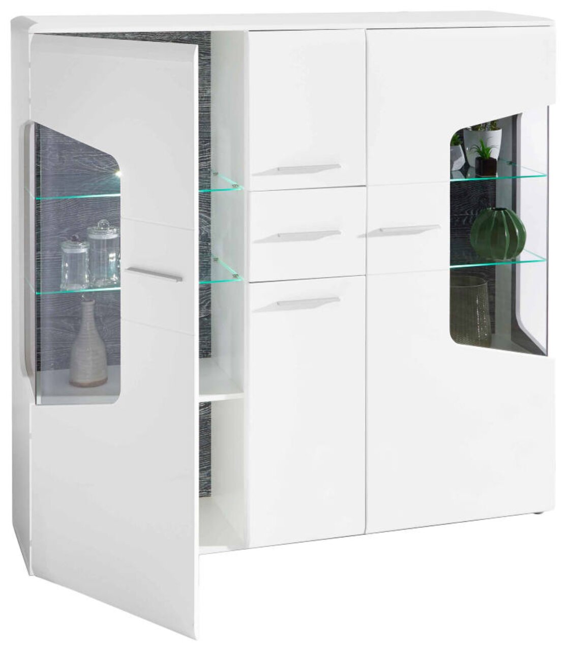 Weiße Highboard-Vitrine mit Glastüren und Regalböden, seitliche Perspektive