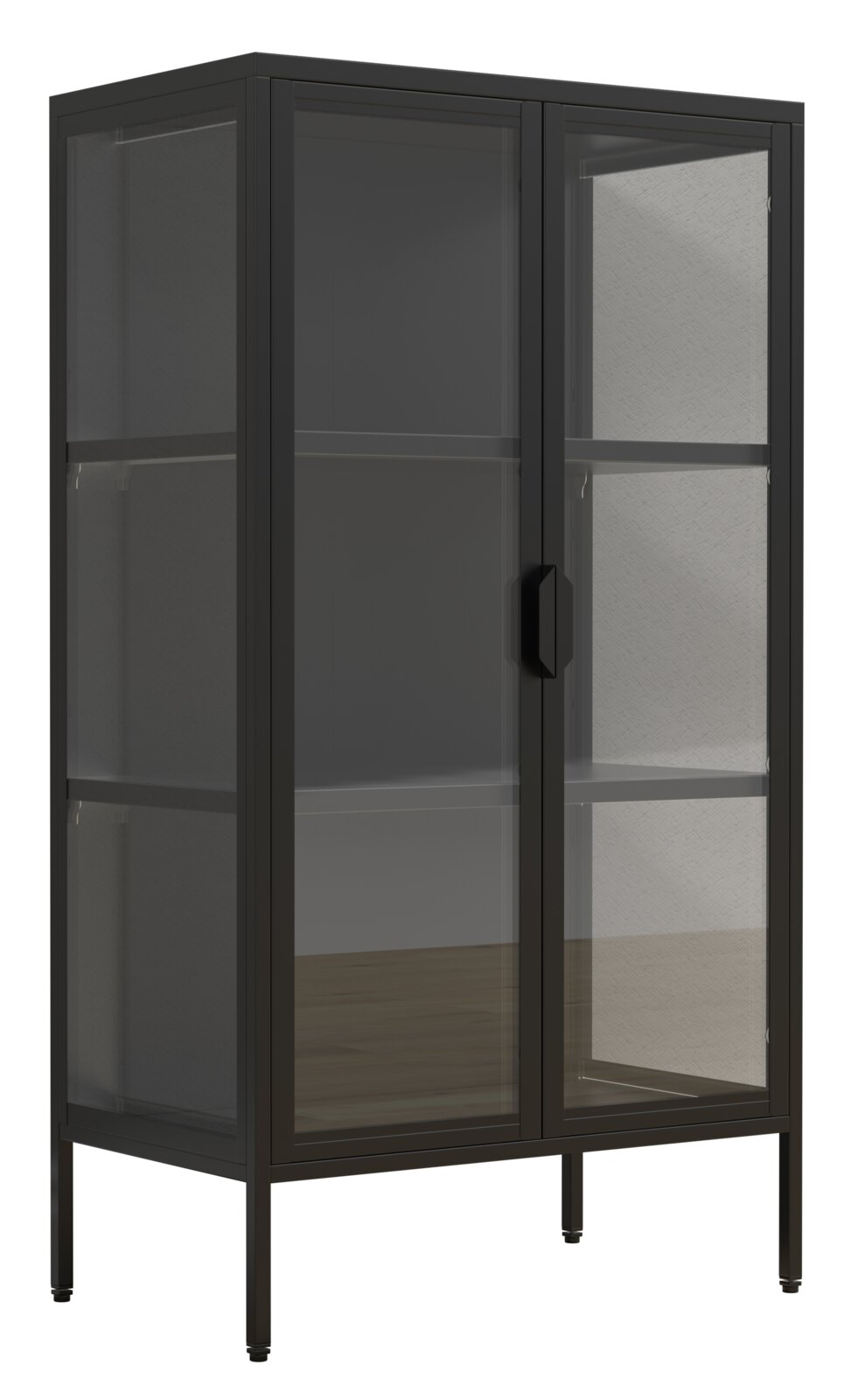 Schwarzer Metall-Glasvitrinenschrank mit zwei Glastüren, Innenböden und hohen Füßen, gezeigt in schräger Frontansicht von vorne links.