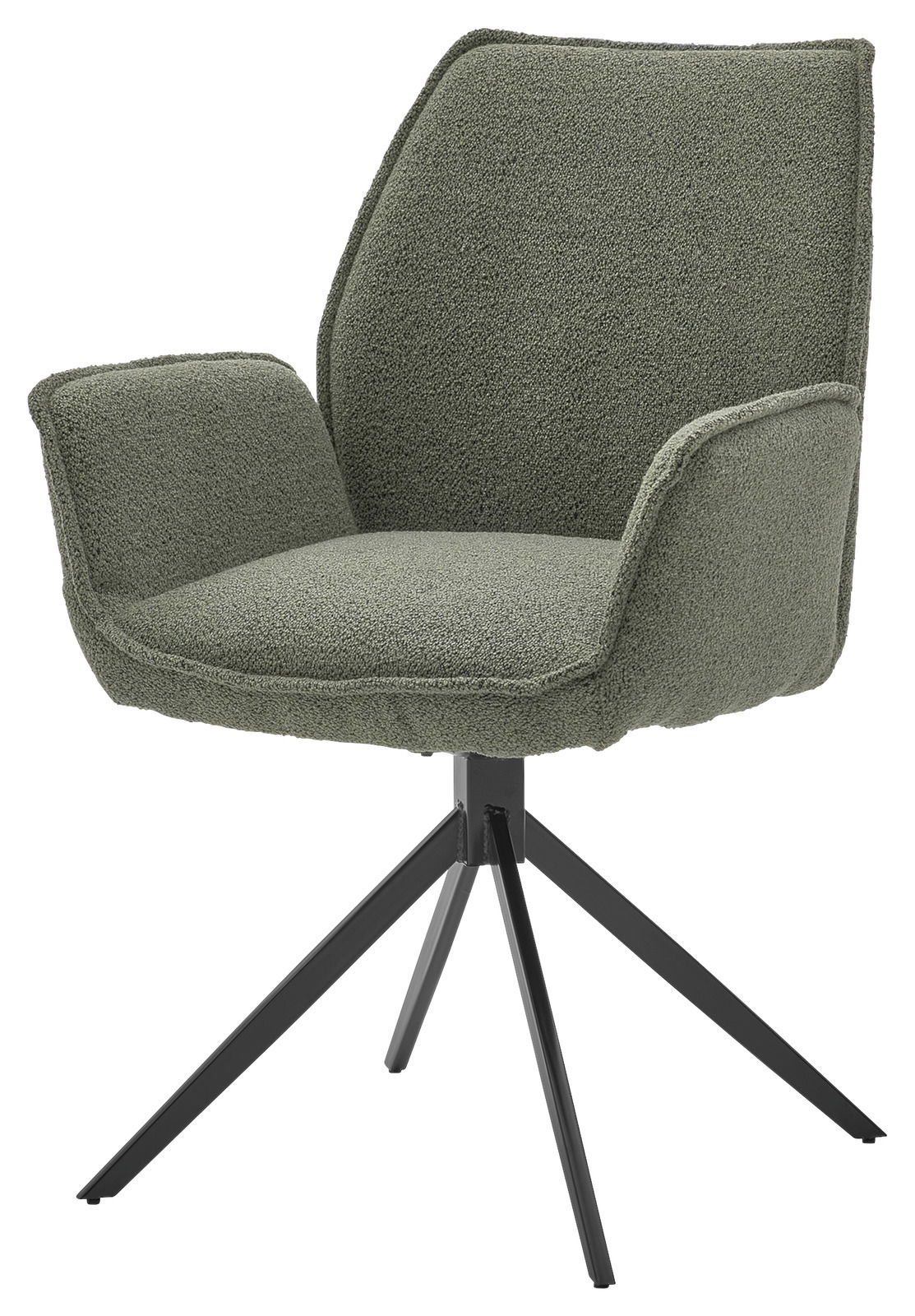 Grüner Armlehnstuhl mit modernem Design, seitliche Perspektive