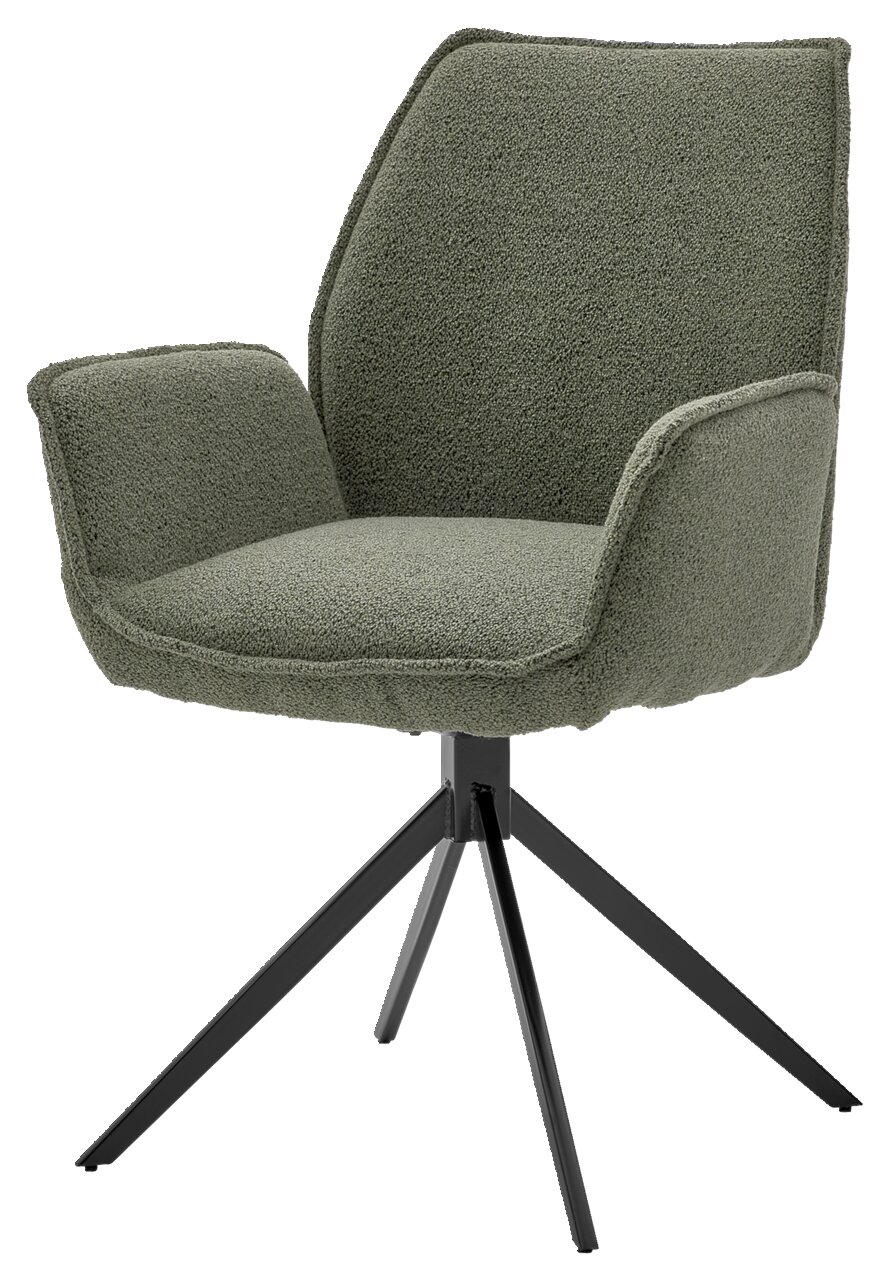 Grüner Armlehnstuhl mit modernem Design, seitliche Perspektive