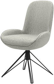 Moderner grauer Stuhl mit gepolsterter Sitzfläche und schwarzem Metallgestell, seitliche Perspektive