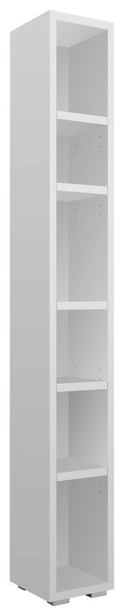 Weißes, hohes Regal mit fünf offenen Fächern, seitliche Perspektive
