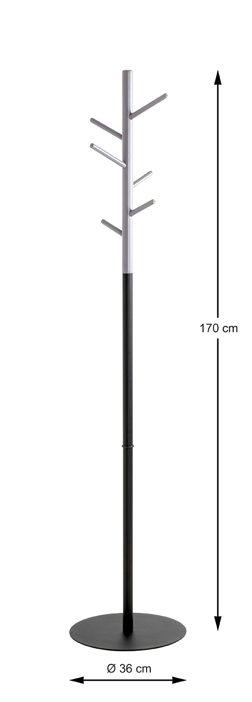 Freistehender Kleiderständer/Garderobenständer aus Metall in Schwarz und Silber mit runder Bodenplatte (Ø 36 cm) und mehreren Haken, Höhe 170 cm, frontale Produktansicht auf weißem Hintergrund.