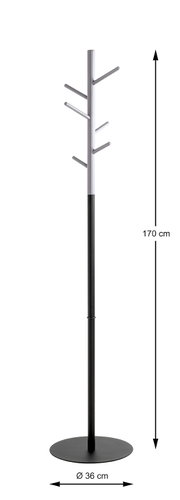 Freistehender Kleiderständer/Garderobenständer aus Metall in Schwarz und Silber mit runder Bodenplatte (Ø 36 cm) und mehreren Haken, Höhe 170 cm, frontale Produktansicht auf weißem Hintergrund.